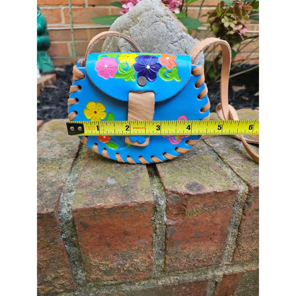 Beautiful Hand Tooled Floral Blue Leather  Mini Crossbody Childrens Satchel